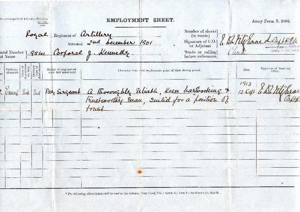 Army Form B2066 Employment Sheet